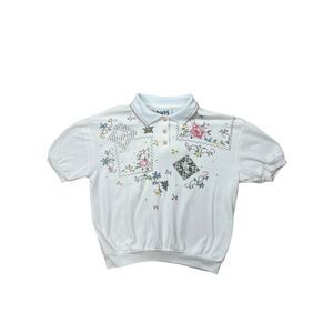 Vintage Women's Medium Top Embroidered Cross‎ Stitch Cottagecore Grannycore Rose